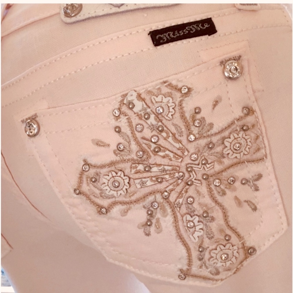 Miss Me Pale Pink Skinny Jeans with Embroidered Cross & Rhinestones